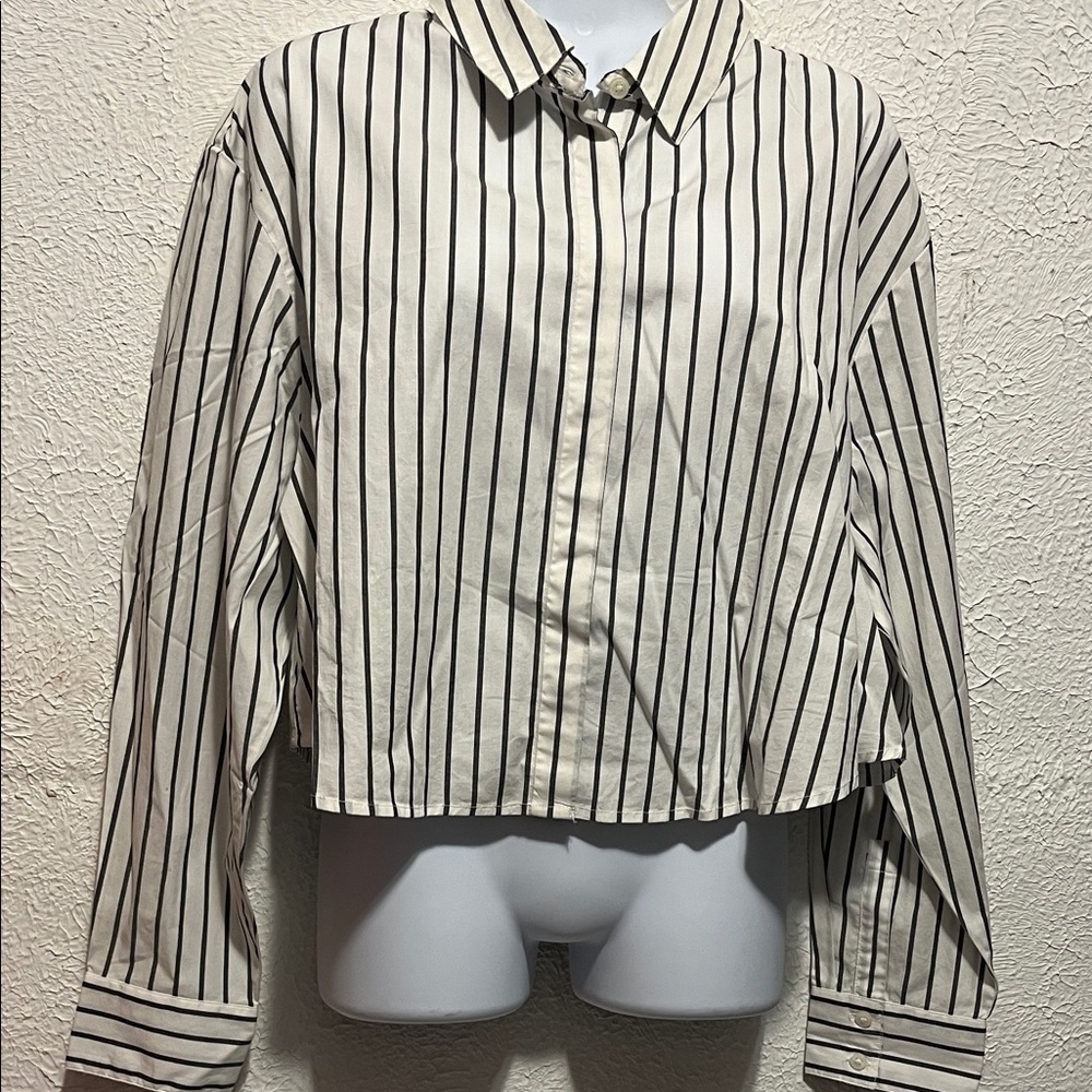 Isadora cropped button up shirt. whisper white with black stripes.